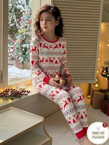 Tween Girl Autumn/Winter Pajamas Christmas Tree Stretchy Snug Fit Print Reindeer Snowflake Sets Are Sold Separately - Red - View 5