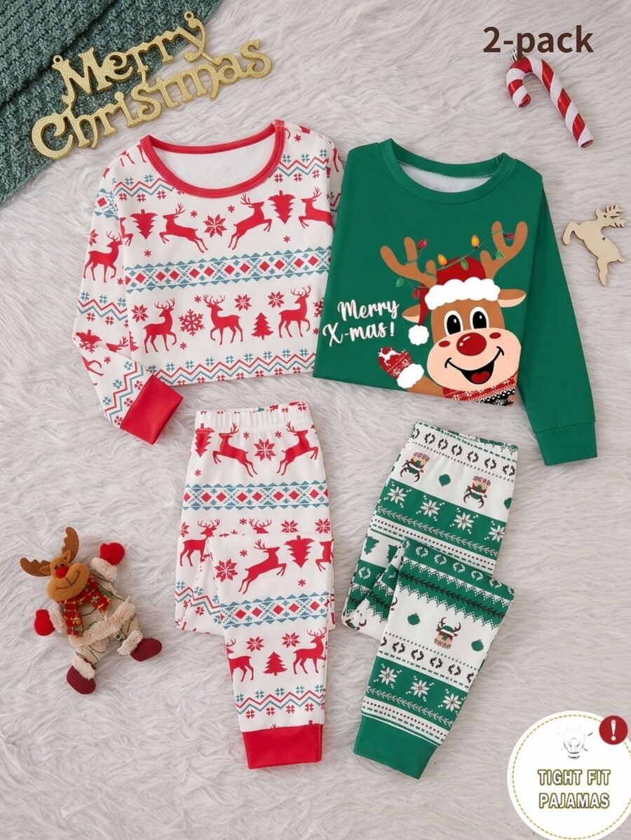 Tween Girl Autumn/Winter Pajamas Christmas Tree Stretchy Snug Fit Print Reindeer Snowflake Sets Are Sold Separately - Red - View 1