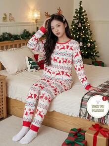 Tween Girl Autumn/Winter Pajamas Christmas Tree Stretchy Snug Fit Print Reindeer Snowflake Sets Are Sold Separately - Red - View 3