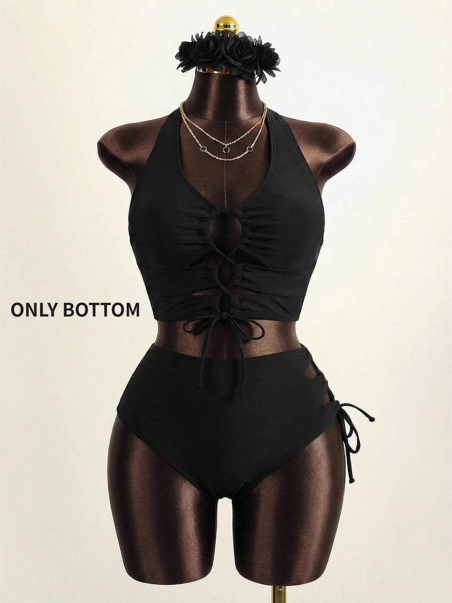 Slaydiva Plus Size Lace-Up Side Cut Out Sexy Swimwear Bottom Summer - Black - View 1