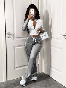SHEIN BamGlam Women's Casual Streetwear Athleisure 2 Pieces Set, Color Block Design, Long Sleeve Zip-Up Jacket And Drawstring Pants, Autumn Gym White Light Grey - Grey - View 4