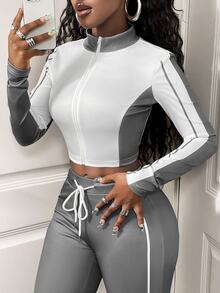SHEIN BamGlam Women's Casual Streetwear Athleisure 2 Pieces Set, Color Block Design, Long Sleeve Zip-Up Jacket And Drawstring Pants, Autumn Gym White Light Grey - Grey - View 8