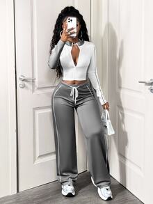 SHEIN BamGlam Women's Casual Streetwear Athleisure 2 Pieces Set, Color Block Design, Long Sleeve Zip-Up Jacket And Drawstring Pants, Autumn Gym White Light Grey - Grey - View 6