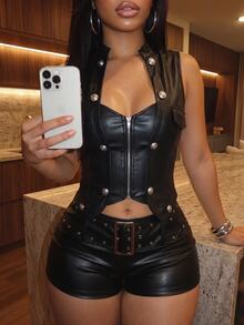 Slaydiva American Vintage-Style Cropped Black PU Vest Featuring A Stand Collar, Double-Breasted Metal Buttons, A Fitted Waist, And A Zipper Closure – A - Black - View 13