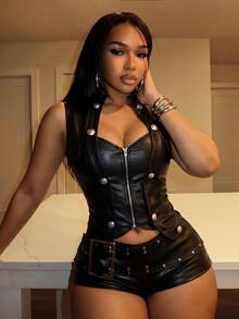 Slaydiva American Vintage-Style Cropped Black PU Vest Featuring A Stand Collar, Double-Breasted Metal Buttons, A Fitted Waist, And A Zipper Closure – A - Black - View 9
