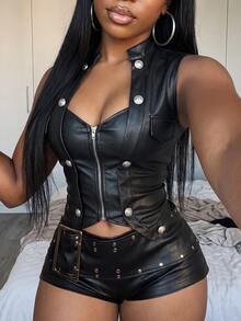 Slaydiva American Vintage-Style Cropped Black PU Vest Featuring A Stand Collar, Double-Breasted Metal Buttons, A Fitted Waist, And A Zipper Closure – A - Black - View 6