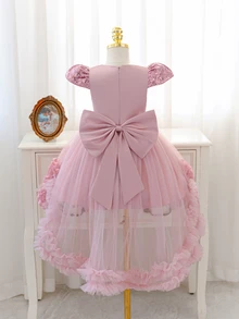 SHEIN Glamorique Kids 小女孩聖誕老人洋裝 新年派對 7 歲生日 嬰兒洗禮 鋼琴演奏會 穿著 薄紗蝴蝶結露背荷葉邊公主禮服 粉色 秋季 - 藕粉色 - 查看 4
