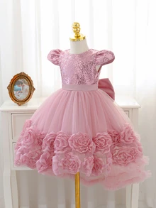 SHEIN Glamorique Kids 小女孩聖誕老人洋裝 新年派對 7 歲生日 嬰兒洗禮 鋼琴演奏會 穿著 薄紗蝴蝶結露背荷葉邊公主禮服 粉色 秋季 - 藕粉色 - 查看 5
