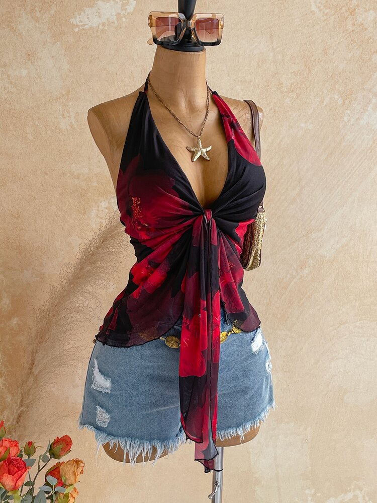Soleia Plus Floral Print Tie Front Mesh Halter Top - Multicolor - View 6