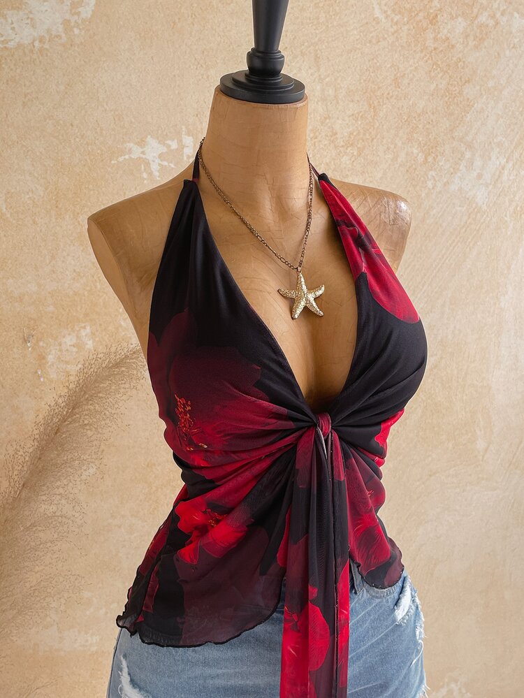 Soleia Plus Floral Print Tie Front Mesh Halter Top - Multicolor - View 4