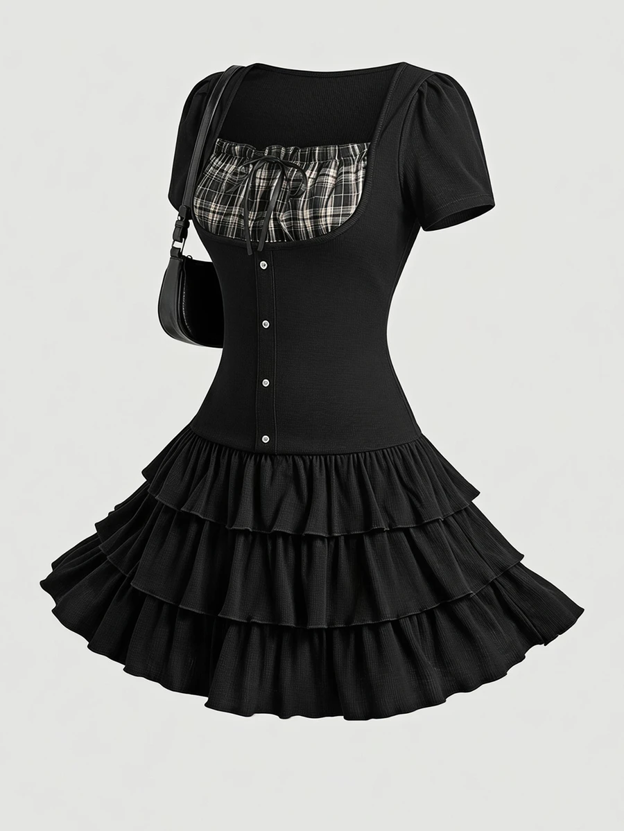 Sweetness Women's Autumn/Winter Cute Casual Layered Ruffle Mini Dress, 2 In 1 - Multicolor - View 1