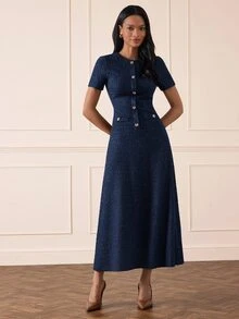 Lilora 女款百搭時尚鈕扣短袖洋裝，適合度假、派對、辦公室與早午餐，海軍藍夏季法式優雅風 - 藍色 - 查看 6