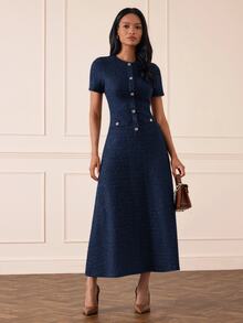Lilora 女款百搭時尚鈕扣短袖洋裝，適合度假、派對、辦公室與早午餐，海軍藍夏季法式優雅風 - 藍色 - 查看 4