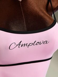 Amplova Women's Letter Print Sports Camisole Romper Gym Fitness Workout Running Backless Sexy Athletic Sporty Jumpsuit Pink And Black Training Set Fall - Pink - View 7