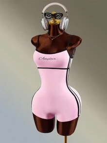 Amplova Women's Letter Print Sports Camisole Romper Gym Fitness Workout Running Backless Sexy Athletic Sporty Jumpsuit Pink And Black Training Set Fall - Pink - View 4
