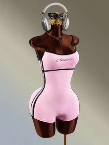 Amplova Women's Letter Print Sports Camisole Romper Gym Fitness Workout Running Backless Sexy Athletic Sporty Jumpsuit Pink And Black Training Set Fall - Pink - View 11