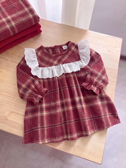 SHEIN Playful Pals Vestido para niña bebé primavera otoño invierno lindo elegante moda forro de felpa grueso versátil estilo campestre falda vacaciones estampado caqui beige vestido pantalones camisa