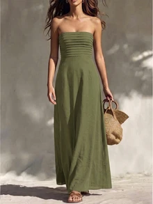 INAWLY Women's Fashion Casual Sexy Romantic Minimalist Strapless Solid Color Dress - Green - View 1
