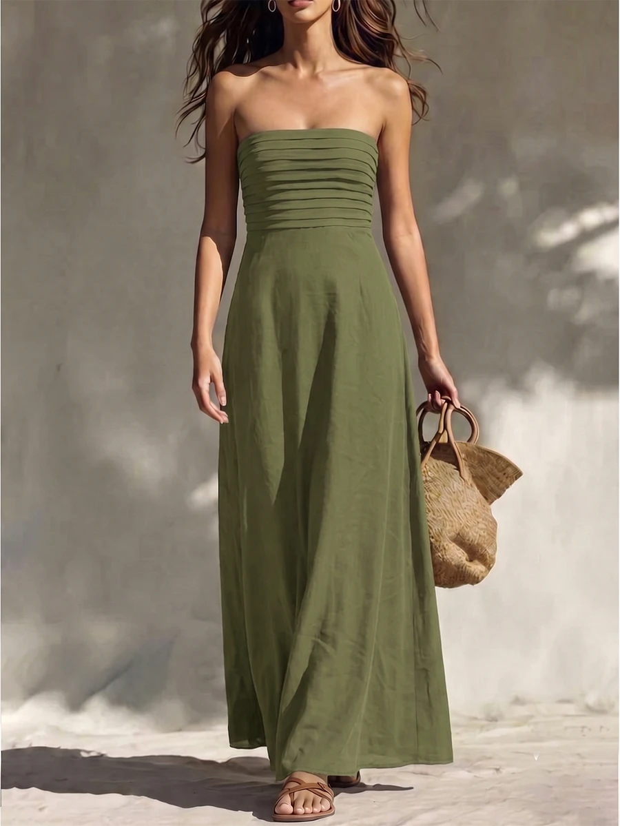INAWLY Women's Fashion Casual Sexy Romantic Minimalist Strapless Solid Color Dress - Green - View 1