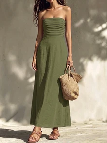 INAWLY Women's Fashion Casual Sexy Romantic Minimalist Strapless Solid Color Dress - Green - View 3