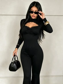 INAWLY Solva Lace Cutout Mock Neck Long Sleeve Flare Leg Jumpsuit, Slim Stretchy Bodycon Solid Black Romper - Black - View 4