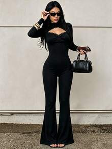 INAWLY Solva Lace Cutout Mock Neck Long Sleeve Flare Leg Jumpsuit, Slim Stretchy Bodycon Solid Black Romper - Black - View 7