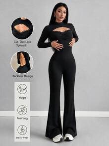 INAWLY Solva Lace Cutout Mock Neck Long Sleeve Flare Leg Jumpsuit, Slim Stretchy Bodycon Solid Black Romper - Black - View 6