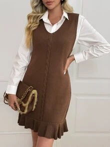 Breezaya Gaun Sweater Wanita Warna Polos, Leher V, Rajutan Kabel, Longgar, Berenda di Bagian Bawah, Gaya Vintage Minimalis, Dapat Dipakai dengan Dua Cara, Gaya Preppy - Coklat - View 7
