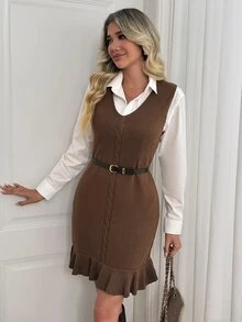 Breezaya Gaun Sweater Wanita Warna Polos, Leher V, Rajutan Kabel, Longgar, Berenda di Bagian Bawah, Gaya Vintage Minimalis, Dapat Dipakai dengan Dua Cara, Gaya Preppy - Coklat - View 5