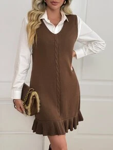 Breezaya Gaun Sweater Wanita Warna Polos, Leher V, Rajutan Kabel, Longgar, Berenda di Bagian Bawah, Gaya Vintage Minimalis, Dapat Dipakai dengan Dua Cara, Gaya Preppy - Coklat - View 2