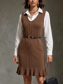 Breezaya Gaun Sweater Wanita Warna Polos, Leher V, Rajutan Kabel, Longgar, Berenda di Bagian Bawah, Gaya Vintage Minimalis, Dapat Dipakai dengan Dua Cara, Gaya Preppy - Coklat - View 3