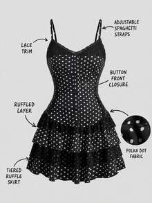 Sweetness Women's Autumn Cami Mini Dress, Multi-Layer Ruffle Lace Patchwork Polka Dot, Cute & Sweet - Multicolor - View 5