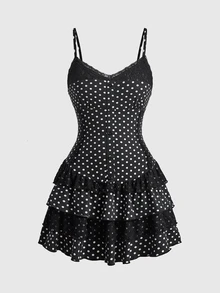 Sweetness Women's Autumn Cami Mini Dress, Multi-Layer Ruffle Lace Patchwork Polka Dot, Cute & Sweet - Multicolor - View 1
