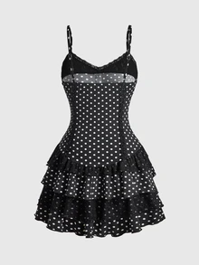 Sweetness Women's Autumn Cami Mini Dress, Multi-Layer Ruffle Lace Patchwork Polka Dot, Cute & Sweet - Multicolor - View 2
