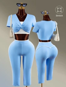 Amplova Setelan Olahraga Wanita 2 in 1: Kaos Lengan Pendek dan Legging - Biru - View 4
