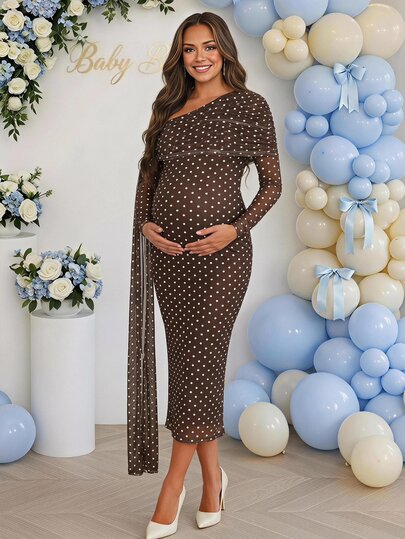 Loomaby Maternity Polka Dot Print Asymmetrical Neckline Dress,Gender Reveal Dress,Maternity Dress,Baby Shower Dress Fall