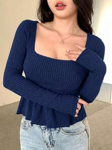 DAZY 女款方領紋理布料A字下擺T恤 - 藏蓝色 - 查看 5
