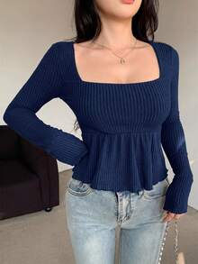 DAZY 女款方領紋理布料A字下擺T恤 - 藏蓝色 - 查看 4