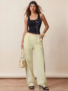 Rina Fox French Casual Side Stripe Wide Leg Pants, Elastic High Waist ...