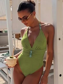 Bonvoyette Women's Spring/Summer Beach Music Festival Glitter Brown Shiny Fabric Deep V Back Straps Drawstring One-Piece Swimsuit - Green - View 1