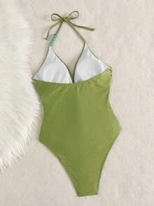 Bonvoyette Women's Spring/Summer Beach Music Festival Glitter Brown Shiny Fabric Deep V Back Straps Drawstring One-Piece Swimsuit - Green - View 2