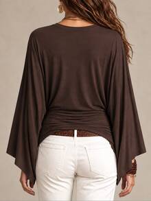 Glimmora Women's Solid Color Minimalist Pleated Waist Long Sleeve Top - Coffee Brown - View 2