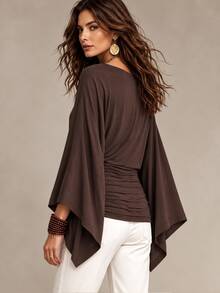 Glimmora Women's Solid Color Minimalist Pleated Waist Long Sleeve Top - Coffee Brown - View 3