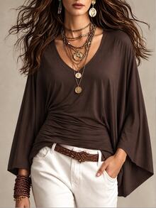 Glimmora Women's Solid Color Minimalist Pleated Waist Long Sleeve Top - Coffee Brown - View 1