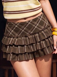 Rina Fox Rok Mini Lipit Kotak-kotak Wanita, Kasual, Serbaguna untuk Pemakaian Sehari-hari - Coklat - View 3