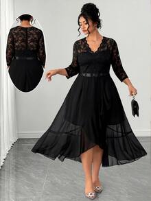 SHEIN LUNE CURVE Plus-Size Women's Luxurious Color-Blocked Lace V-Neck Three-Quarter Sleeve Elegant Party Cocktail Dress, Autumn Women's Elegant Dress - Black - View 11
