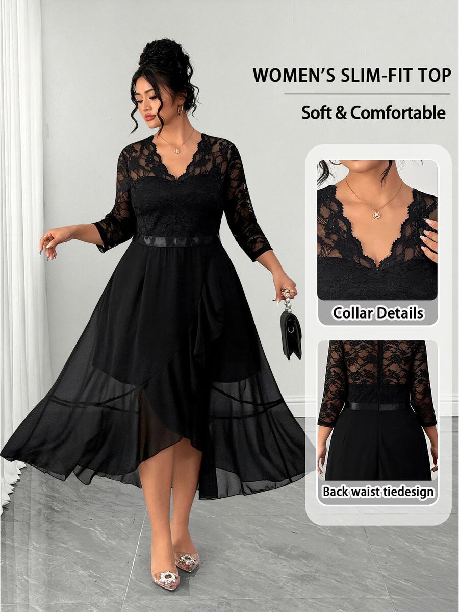 SHEIN LUNE CURVE Plus-Size Women's Luxurious Color-Blocked Lace V-Neck Three-Quarter Sleeve Elegant Party Cocktail Dress, Autumn Women's Elegant Dress - Black - View 1