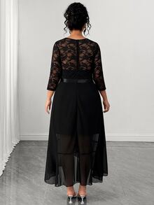 SHEIN LUNE CURVE Plus-Size Women's Luxurious Color-Blocked Lace V-Neck Three-Quarter Sleeve Elegant Party Cocktail Dress, Autumn Women's Elegant Dress - Black - View 2