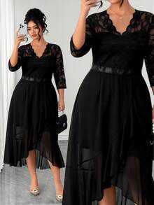 SHEIN LUNE CURVE Plus-Size Women's Luxurious Color-Blocked Lace V-Neck Three-Quarter Sleeve Elegant Party Cocktail Dress, Autumn Women's Elegant Dress - Black - View 10