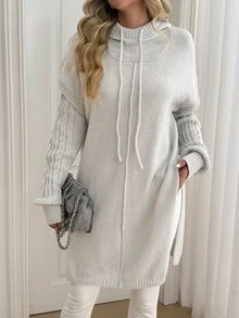 Sprig & Strand Sweater Pullover Wanita Warna Abu-abu Muda Lembut Model Longgar Berkerudung Rajut Kabel Patchwork Lengan Panjang Sedang Belahan Samping Model Slimming Fladding - Grey - View 5
